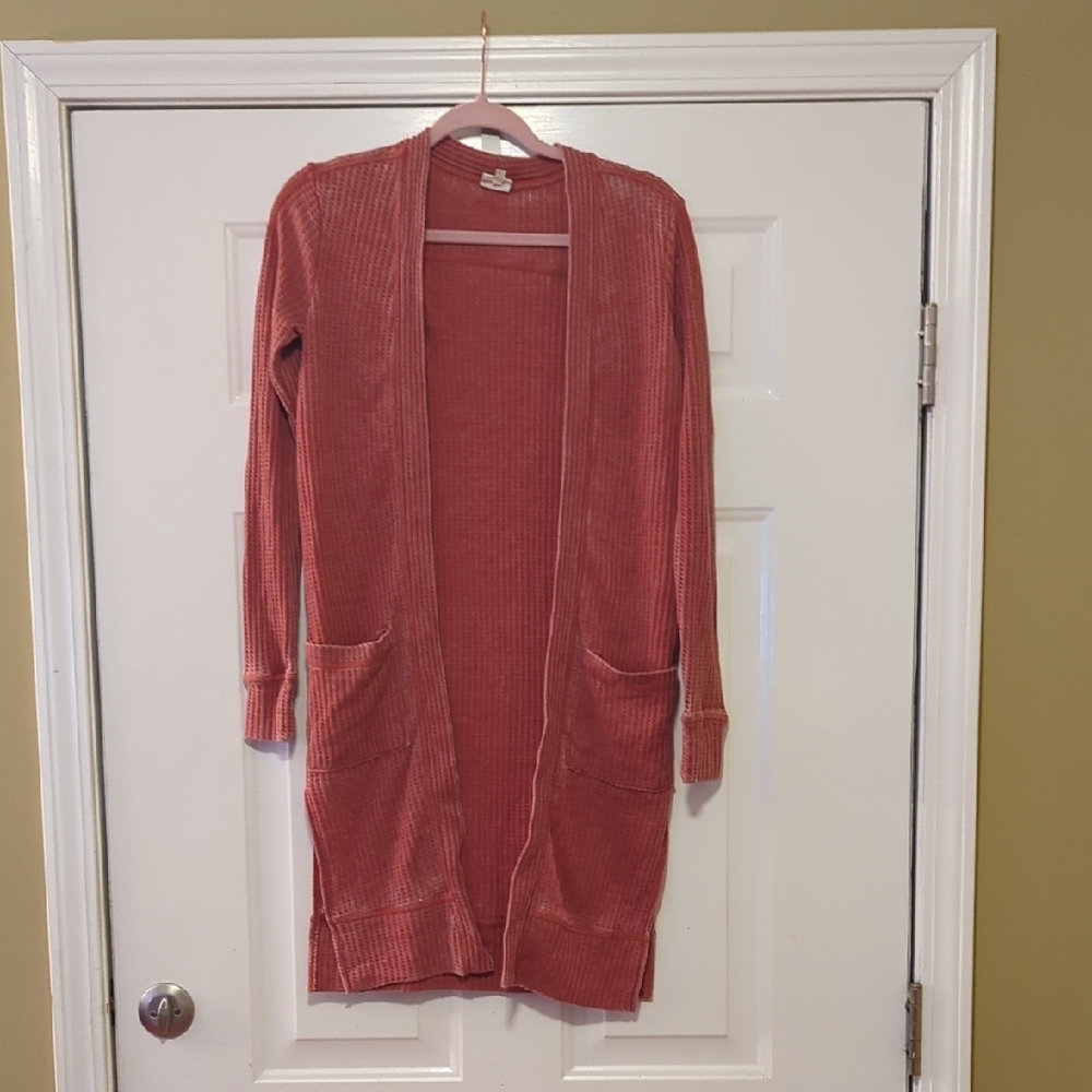 True Craft Ribbed Cardigan Duster Size Xs Red Longline Front Spring Layering